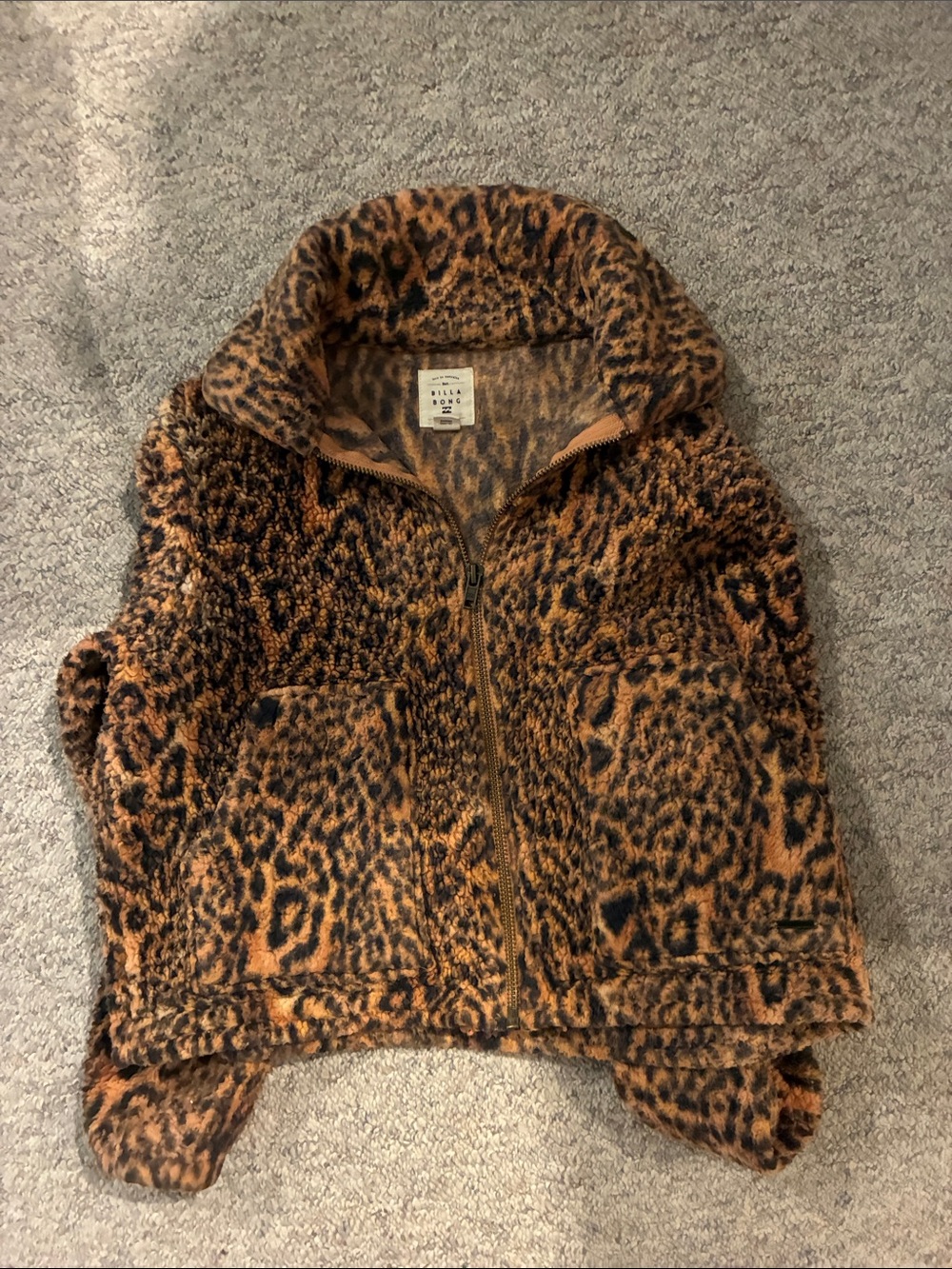 Billabong Leopard Sherpa Zip Jacket - Brown & Black